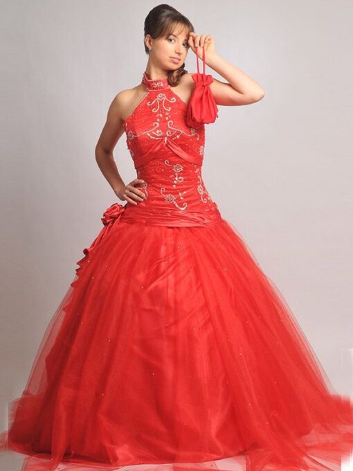 Rotes Brautkleid, mit Tüll und Spitze